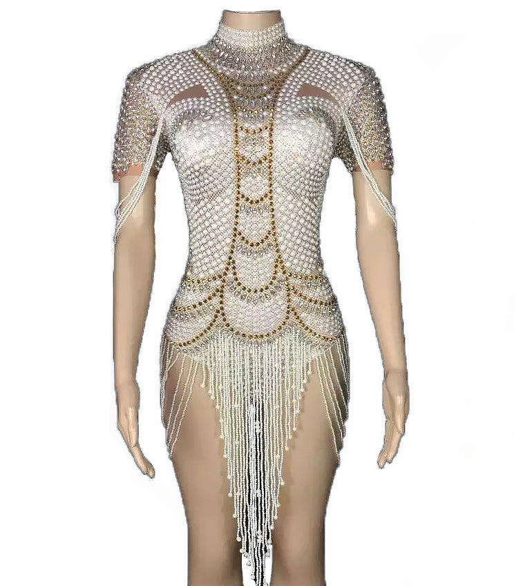 "Princesa" White and Gold Latin Dance Costume